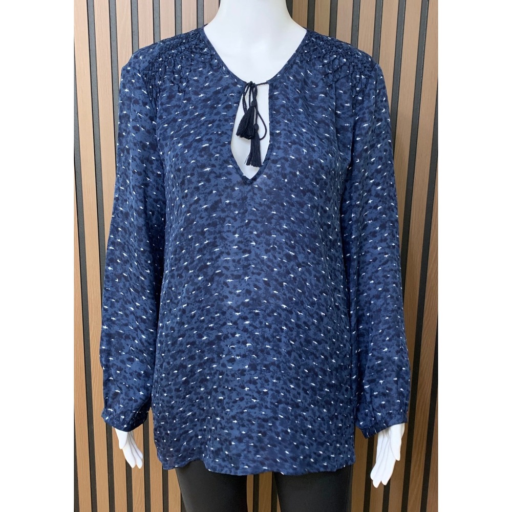 Joie Women's 100% Silk Blouse Navy Blue Abstract Print Tassel Smocked Top M